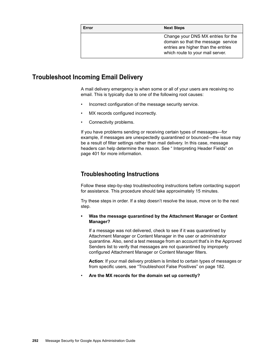 Troubleshoot incoming email delivery, Troubleshooting instructions | Google Message Security for Google Apps Administration Guide User Manual | Page 292 / 418