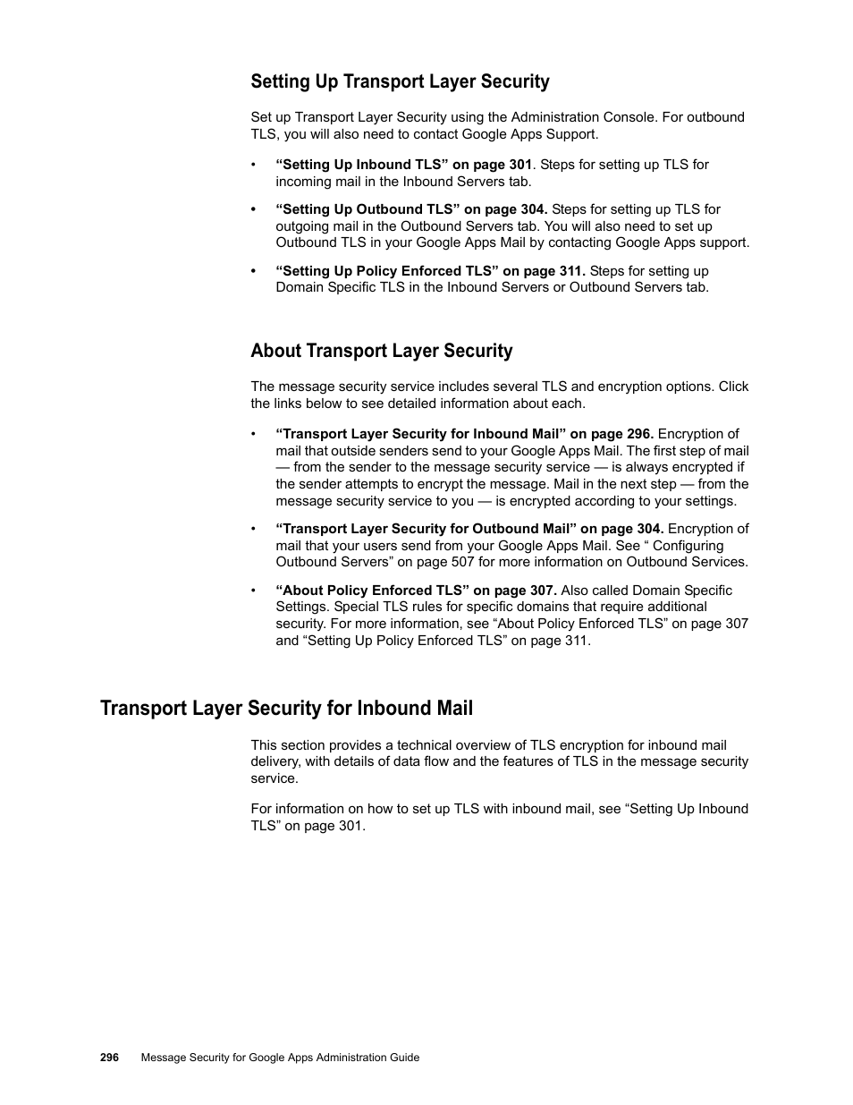 Setting up transport layer security, About transport layer security, Transport layer security for inbound mail | Google Message Security for Google Apps Administration Guide User Manual | Page 296 / 418