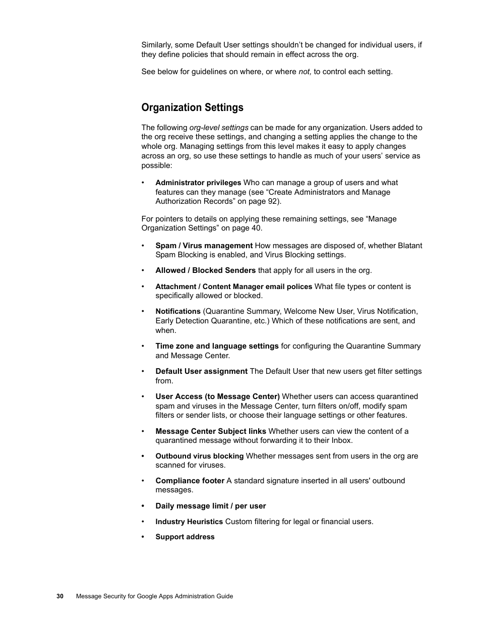 Organization settings | Google Message Security for Google Apps Administration Guide User Manual | Page 30 / 418