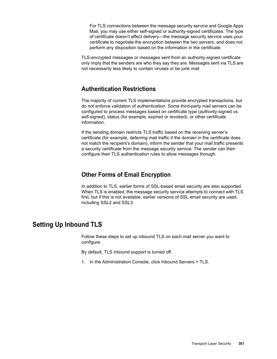 Authentication restrictions, Other forms of email encryption, Setting up inbound tls | Google Message Security for Google Apps Administration Guide User Manual | Page 301 / 418