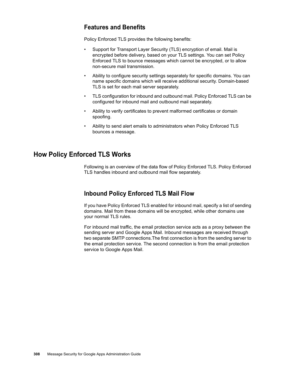 Features and benefits, How policy enforced tls works, Inbound policy enforced tls mail flow | Google Message Security for Google Apps Administration Guide User Manual | Page 308 / 418