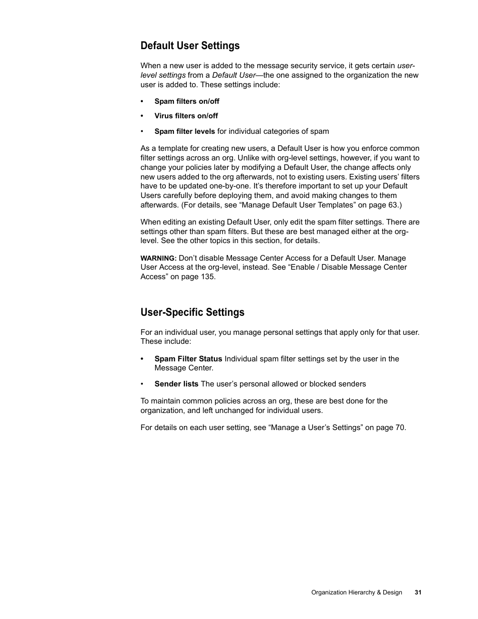 Default user settings, User-specific settings | Google Message Security for Google Apps Administration Guide User Manual | Page 31 / 418