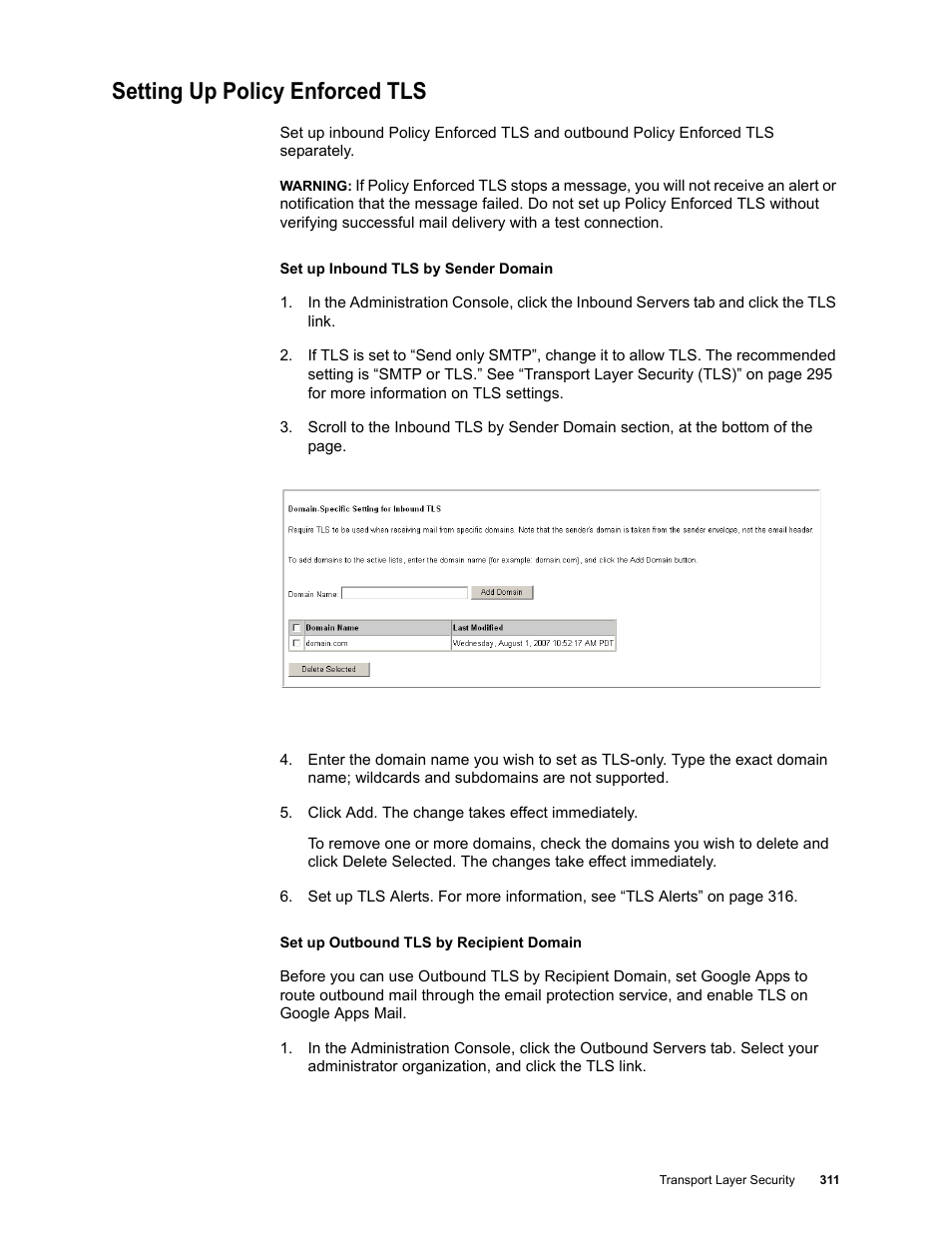 Setting up policy enforced tls | Google Message Security for Google Apps Administration Guide User Manual | Page 311 / 418