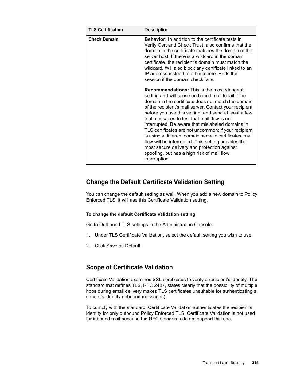 Change the default certificate validation setting, Scope of certificate validation | Google Message Security for Google Apps Administration Guide User Manual | Page 315 / 418