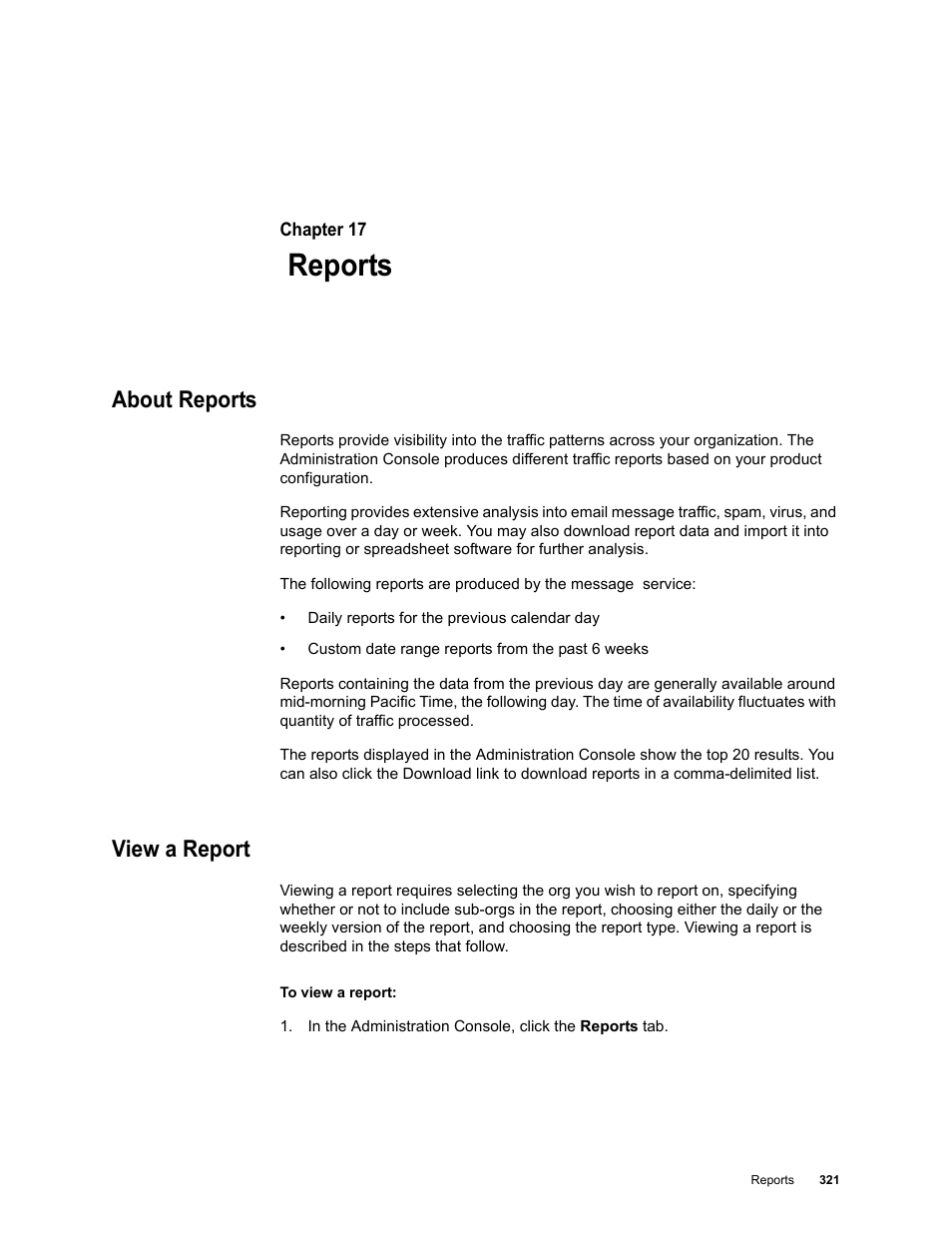 Reports, About reports, View a report | Chapter 17: reports | Google Message Security for Google Apps Administration Guide User Manual | Page 321 / 418