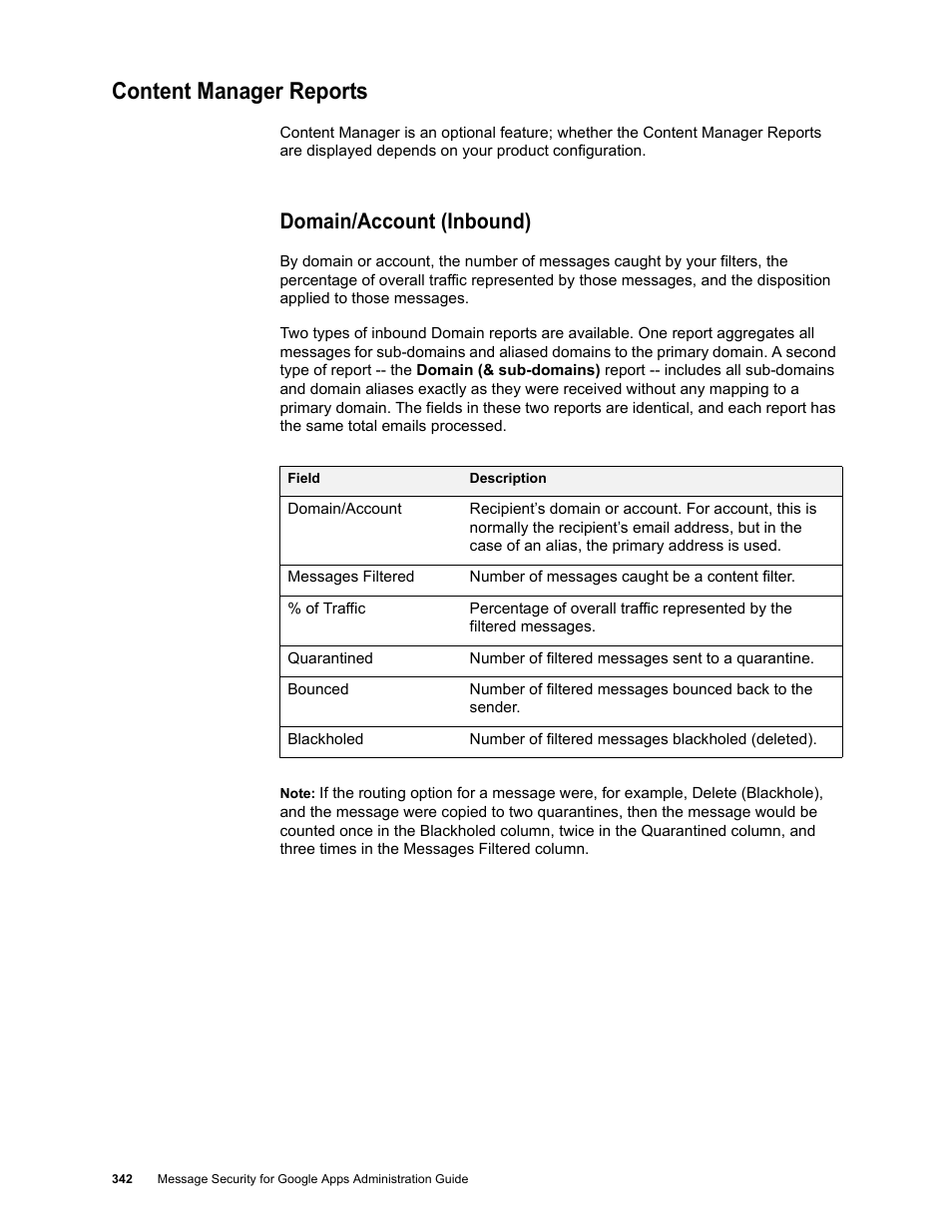 Content manager reports, Domain/account (inbound) | Google Message Security for Google Apps Administration Guide User Manual | Page 342 / 418