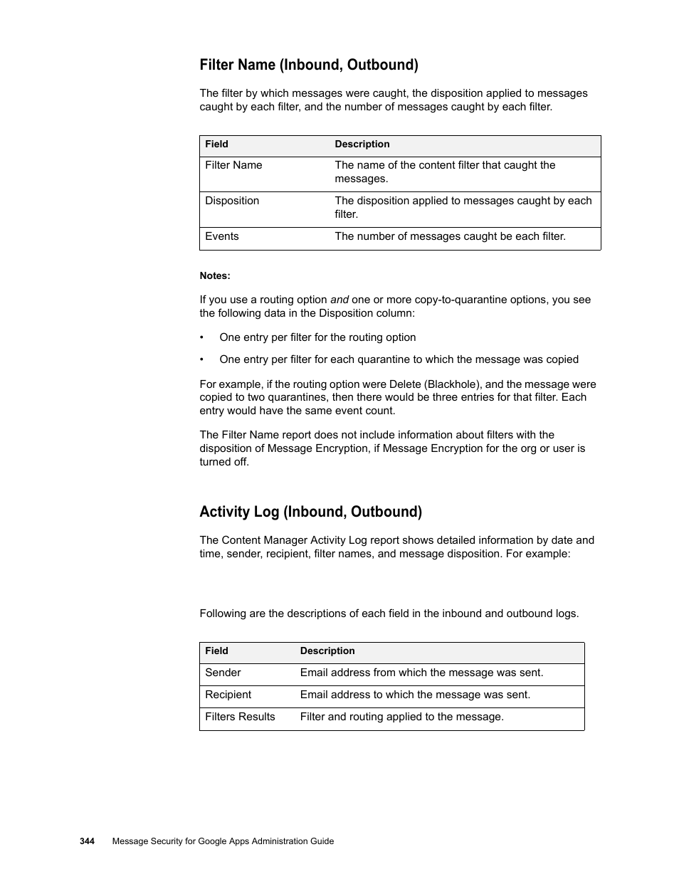 Filter name (inbound, outbound), Activity log (inbound, outbound) | Google Message Security for Google Apps Administration Guide User Manual | Page 344 / 418
