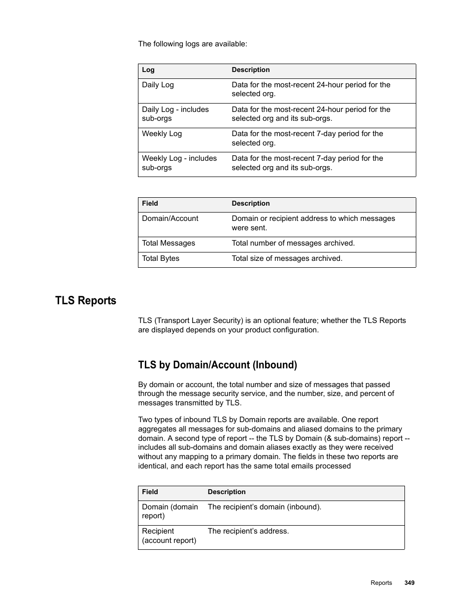 Tls reports, Tls by domain/account (inbound) | Google Message Security for Google Apps Administration Guide User Manual | Page 349 / 418
