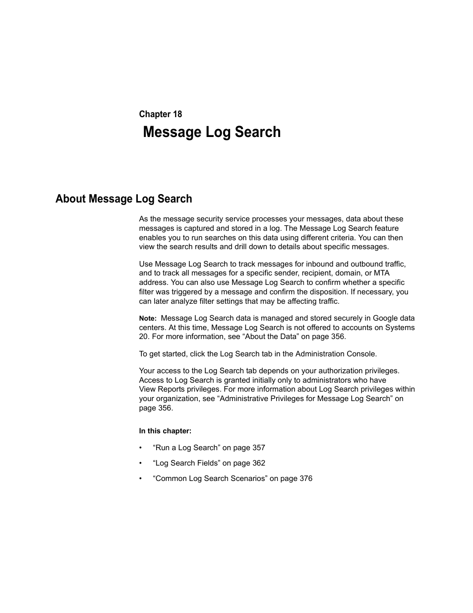 Message log search, About message log search, Chapter 18: message log search | Google Message Security for Google Apps Administration Guide User Manual | Page 355 / 418