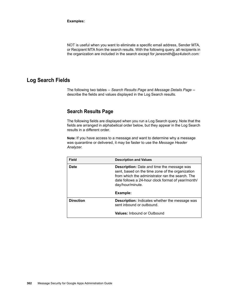Log search fields, Search results page | Google Message Security for Google Apps Administration Guide User Manual | Page 362 / 418