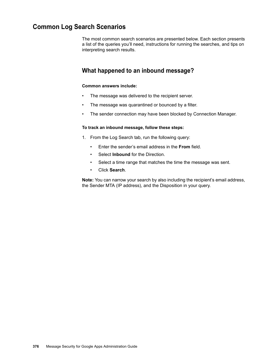 Common log search scenarios, What happened to an inbound message | Google Message Security for Google Apps Administration Guide User Manual | Page 376 / 418