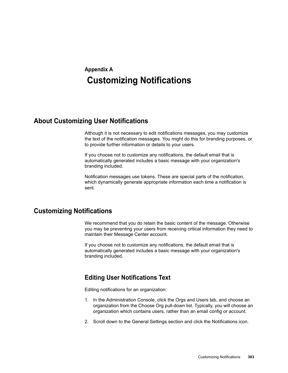 Customizing notifications, About customizing user notifications, Editing user notifications text | Appendix a: customizing notifications | Google Message Security for Google Apps Administration Guide User Manual | Page 383 / 418