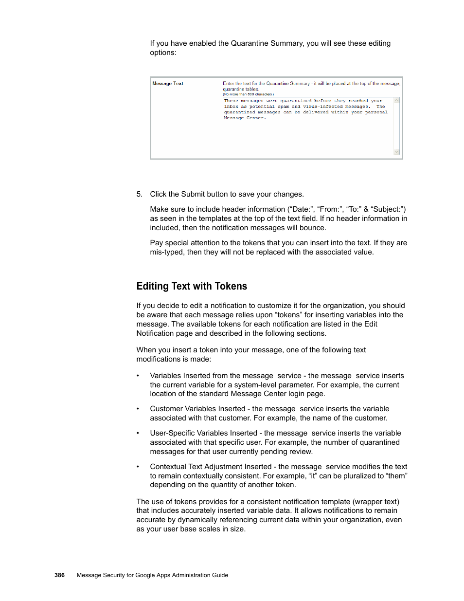Editing text with tokens | Google Message Security for Google Apps Administration Guide User Manual | Page 386 / 418