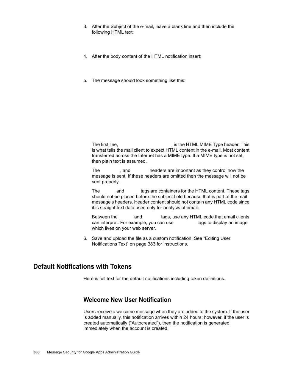 Default notifications with tokens, Welcome new user notification | Google Message Security for Google Apps Administration Guide User Manual | Page 388 / 418