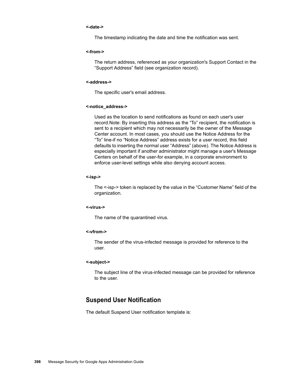 Suspend user notification | Google Message Security for Google Apps Administration Guide User Manual | Page 398 / 418