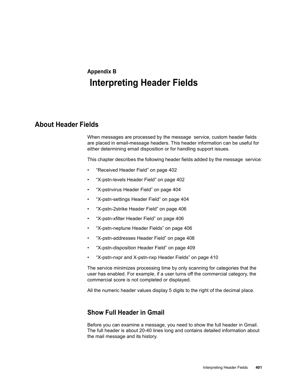 Interpreting header fields, About header fields, Show full header in gmail | Appendix b: interpreting header fields | Google Message Security for Google Apps Administration Guide User Manual | Page 401 / 418