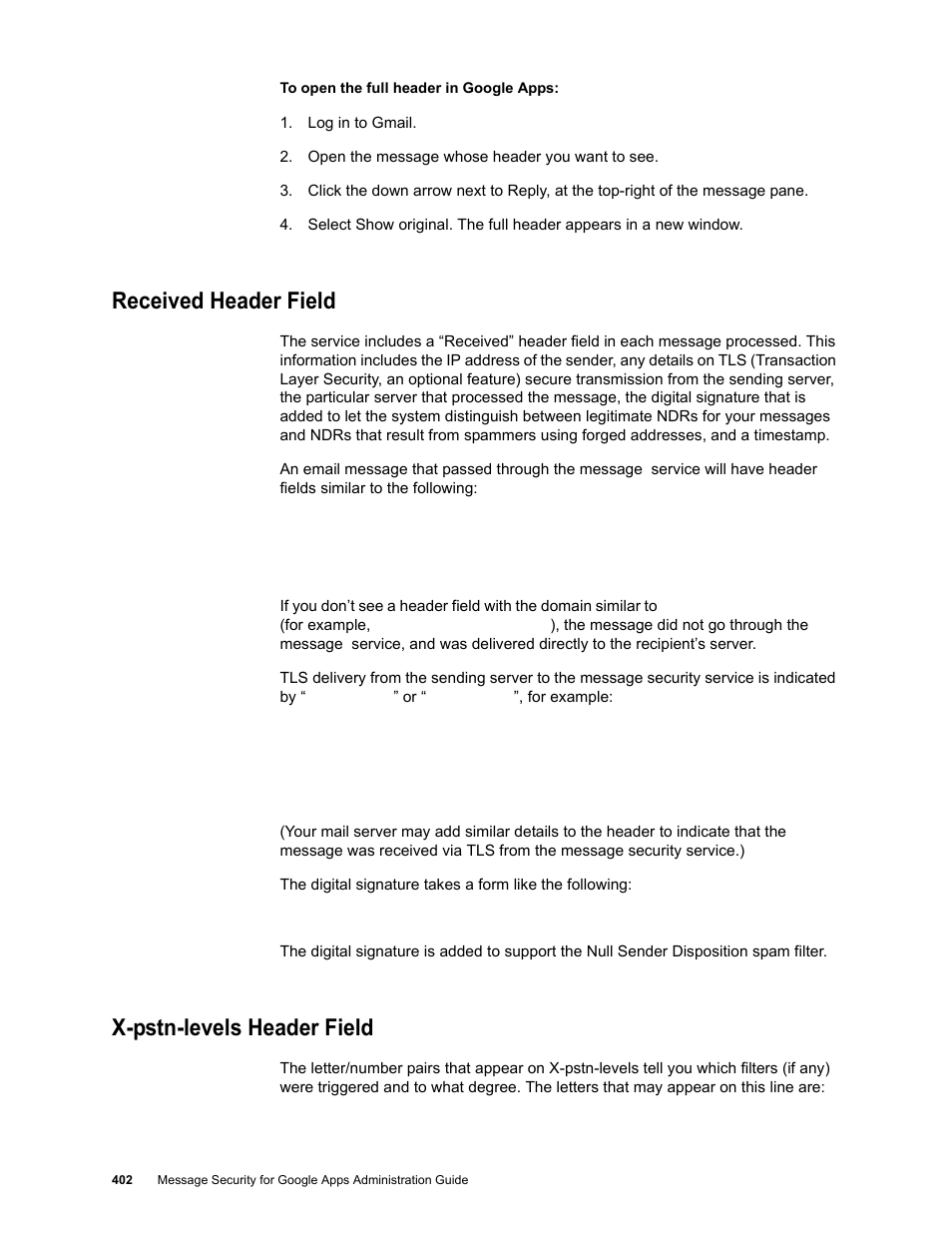 Received header field, X-pstn-levels header field | Google Message Security for Google Apps Administration Guide User Manual | Page 402 / 418
