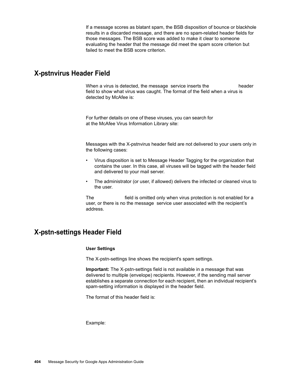 X-pstnvirus header field, X-pstn-settings header field | Google Message Security for Google Apps Administration Guide User Manual | Page 404 / 418