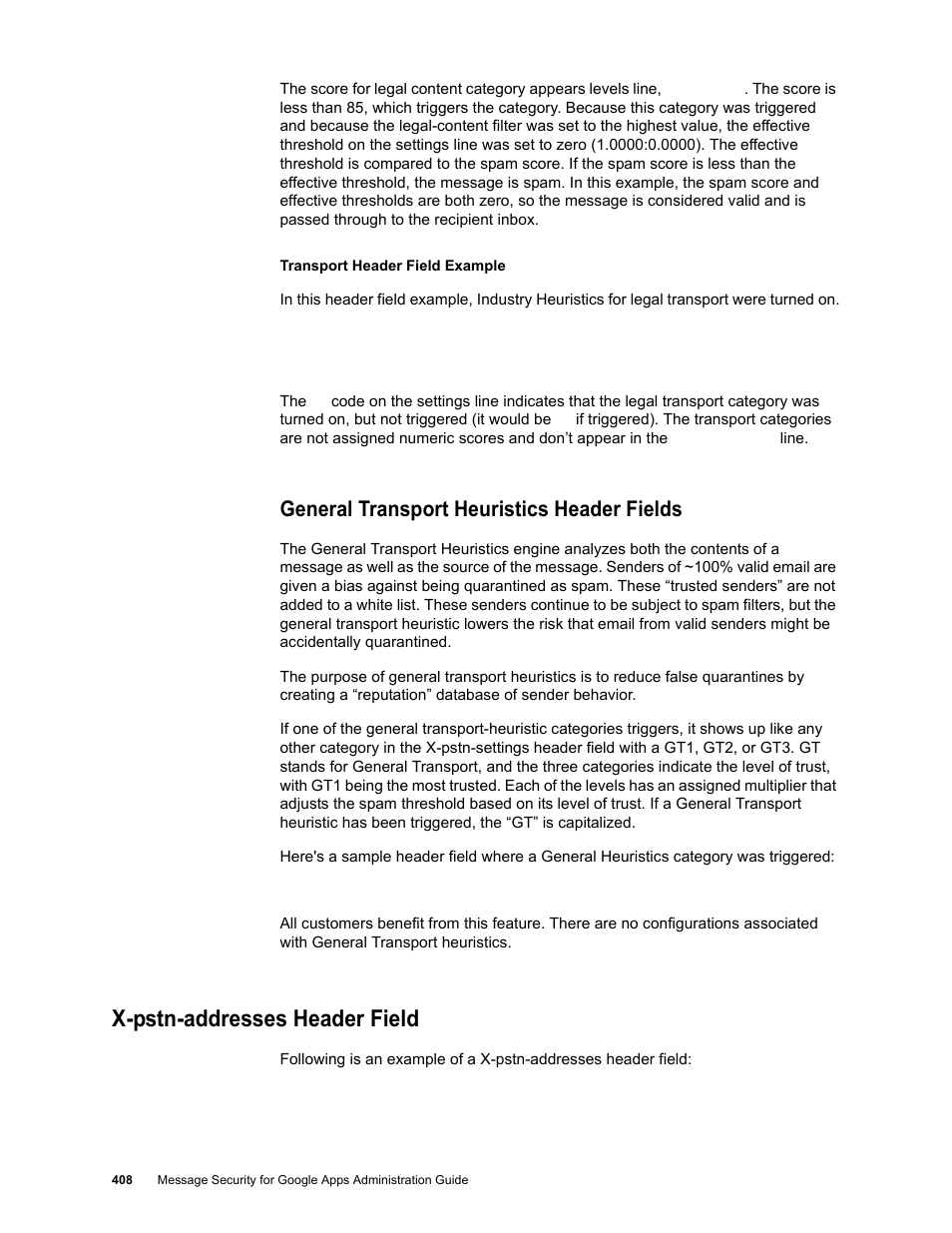 General transport heuristics header fields, X-pstn-addresses header field | Google Message Security for Google Apps Administration Guide User Manual | Page 408 / 418