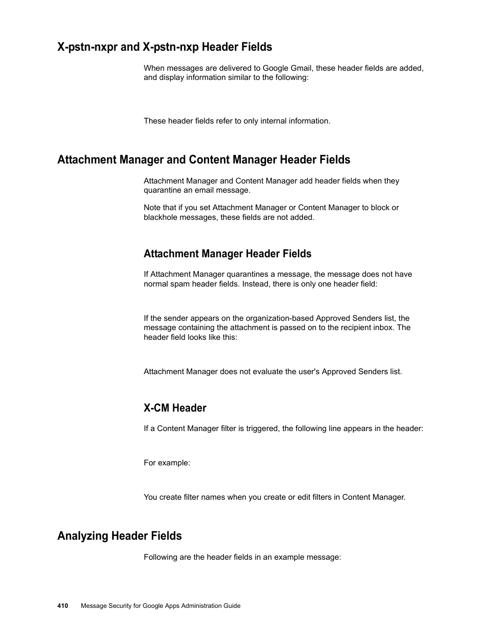 X-pstn-nxpr and x-pstn-nxp header fields, Attachment manager header fields, X-cm header | Analyzing header fields | Google Message Security for Google Apps Administration Guide User Manual | Page 410 / 418