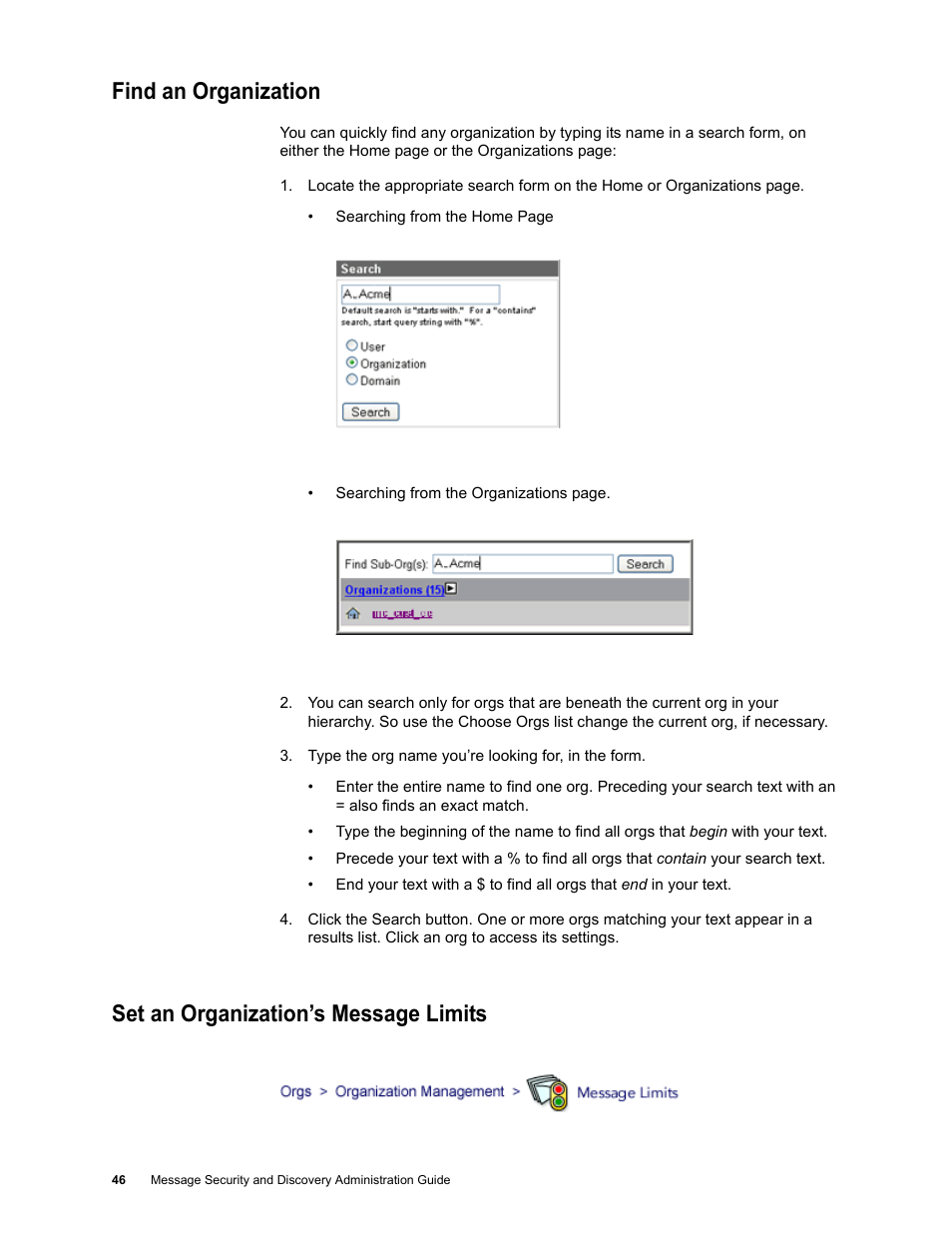 Find an organization, Set an organization’s message limits | Google Message Security for Google Apps Administration Guide User Manual | Page 46 / 418
