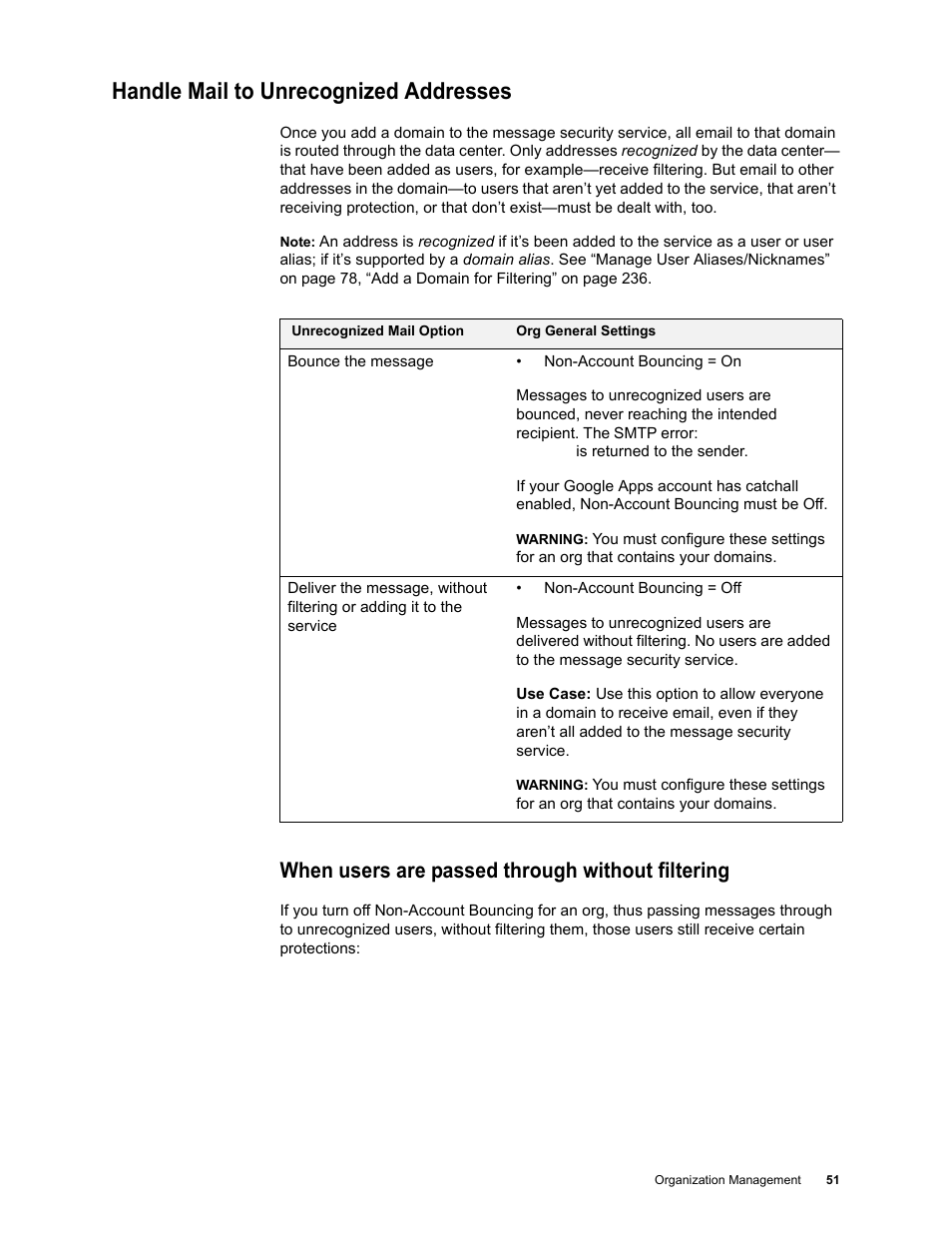 Handle mail to unrecognized addresses, When users are passed through without filtering | Google Message Security for Google Apps Administration Guide User Manual | Page 51 / 418
