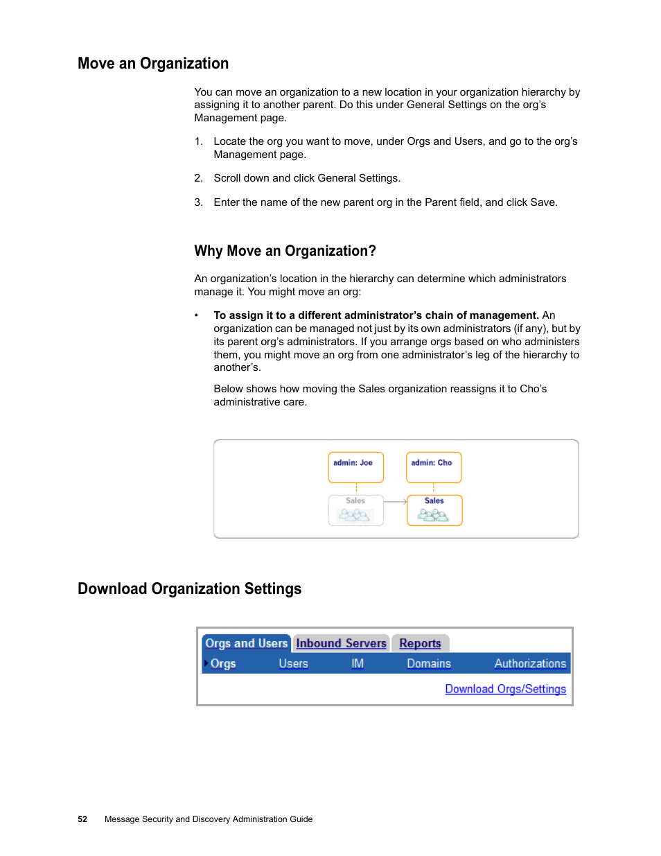 Move an organization, Why move an organization, Download organization settings | Google Message Security for Google Apps Administration Guide User Manual | Page 52 / 418