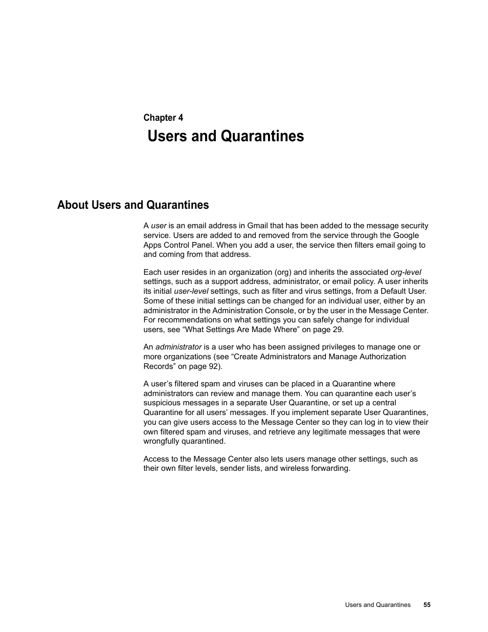 Users and quarantines, About users and quarantines, Chapter 4: users and quarantines | Google Message Security for Google Apps Administration Guide User Manual | Page 55 / 418