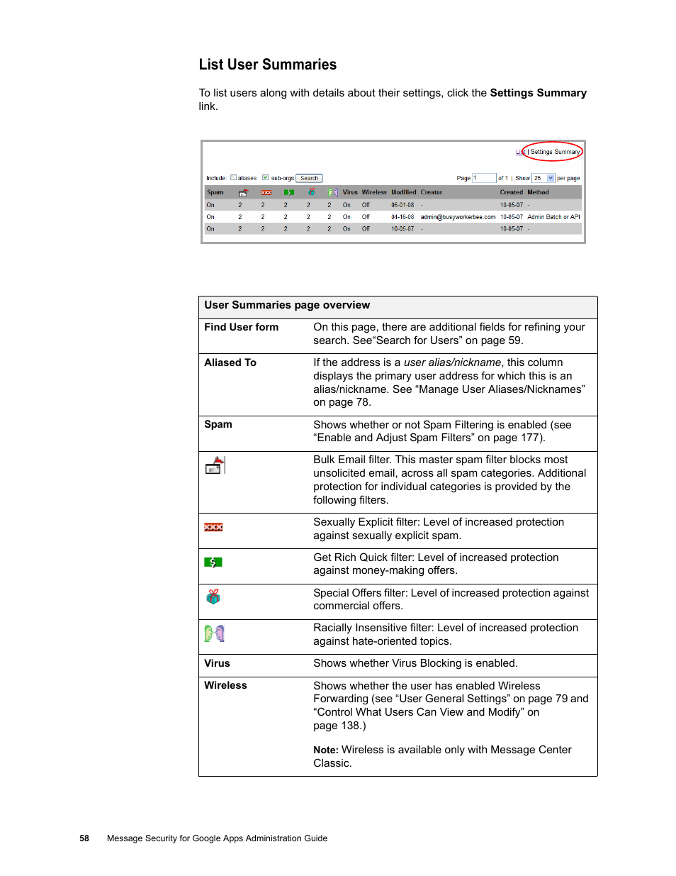 List user summaries | Google Message Security for Google Apps Administration Guide User Manual | Page 58 / 418
