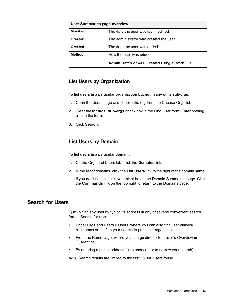 List users by organization, List users by domain, Search for users | Google Message Security for Google Apps Administration Guide User Manual | Page 59 / 418