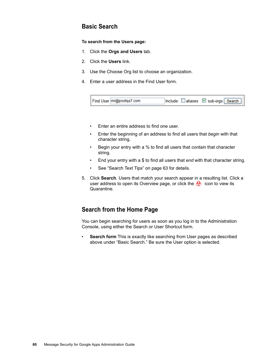 Basic search, Search from the home page | Google Message Security for Google Apps Administration Guide User Manual | Page 60 / 418