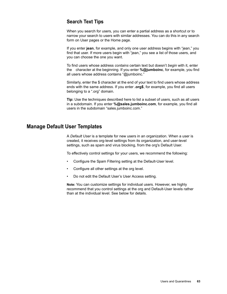 Search text tips, Manage default user templates | Google Message Security for Google Apps Administration Guide User Manual | Page 63 / 418