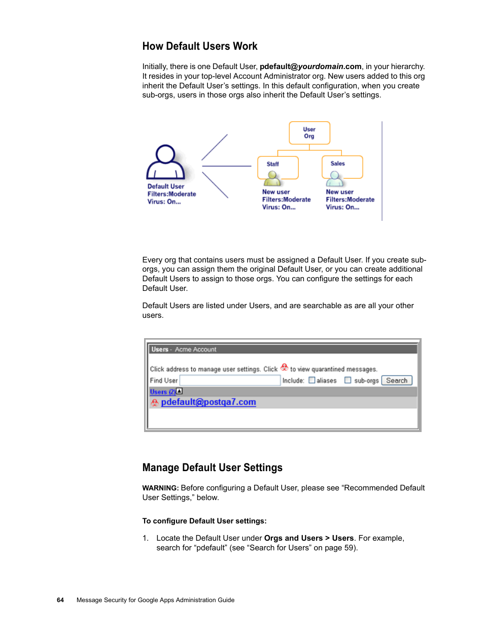 How default users work, Manage default user settings | Google Message Security for Google Apps Administration Guide User Manual | Page 64 / 418