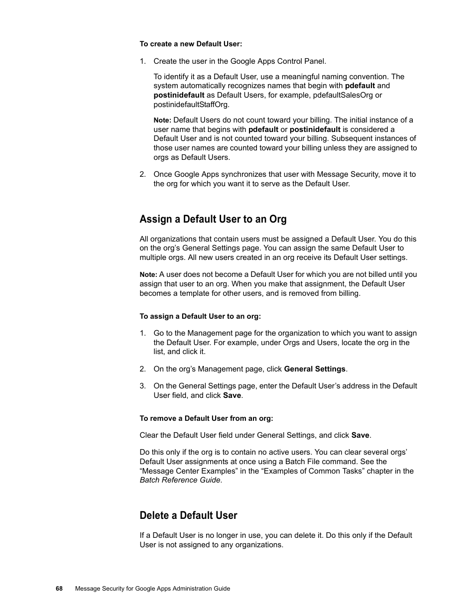 Assign a default user to an org, Delete a default user | Google Message Security for Google Apps Administration Guide User Manual | Page 68 / 418