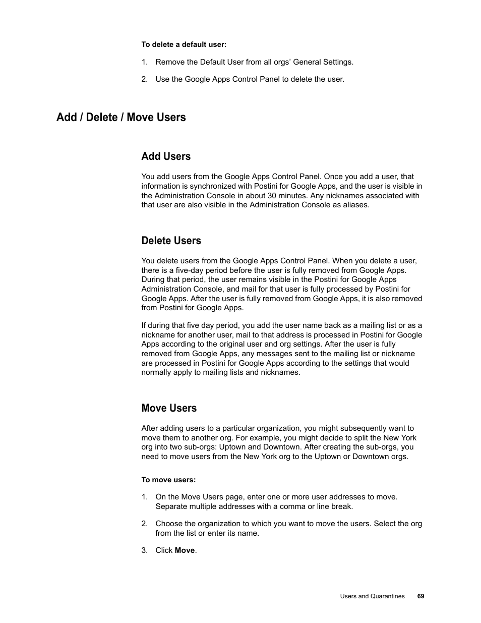 Add / delete / move users, Add users, Delete users | Move users | Google Message Security for Google Apps Administration Guide User Manual | Page 69 / 418