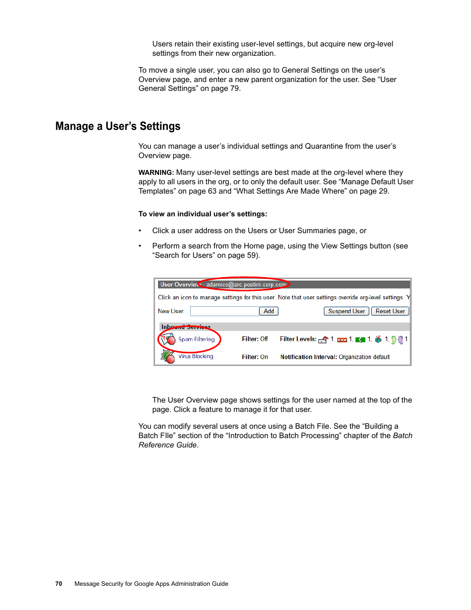 Manage a user’s settings | Google Message Security for Google Apps Administration Guide User Manual | Page 70 / 418