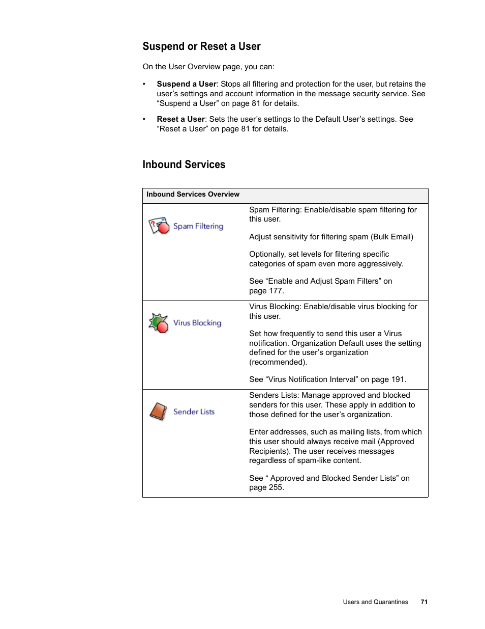 Suspend or reset a user, Inbound services | Google Message Security for Google Apps Administration Guide User Manual | Page 71 / 418