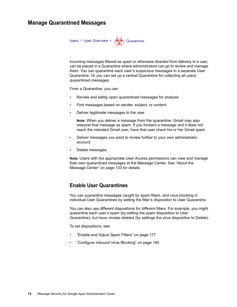 Manage quarantined messages, Enable user quarantines | Google Message Security for Google Apps Administration Guide User Manual | Page 74 / 418