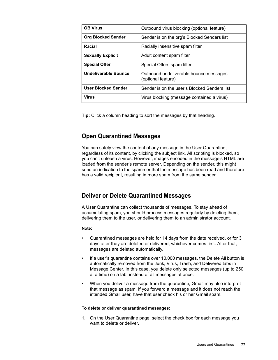 Open quarantined messages, Deliver or delete quarantined messages | Google Message Security for Google Apps Administration Guide User Manual | Page 77 / 418