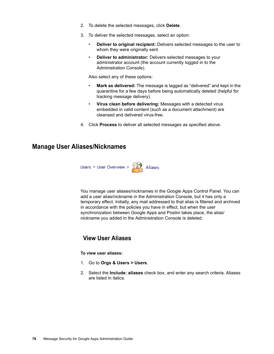 Manage user aliases/nicknames, View user aliases | Google Message Security for Google Apps Administration Guide User Manual | Page 78 / 418