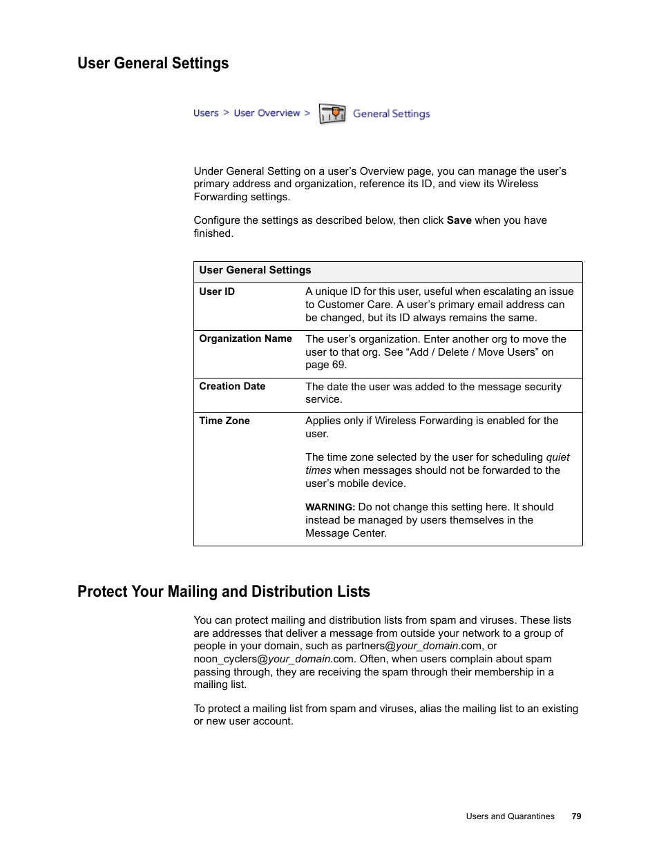 User general settings, Protect your mailing and distribution lists | Google Message Security for Google Apps Administration Guide User Manual | Page 79 / 418