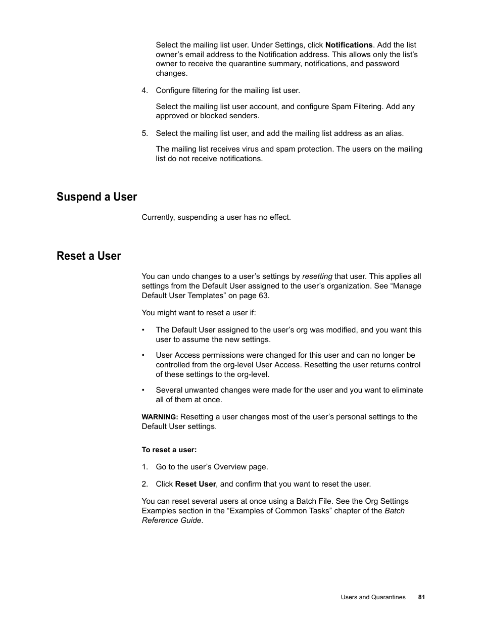 Suspend a user, Reset a user | Google Message Security for Google Apps Administration Guide User Manual | Page 81 / 418