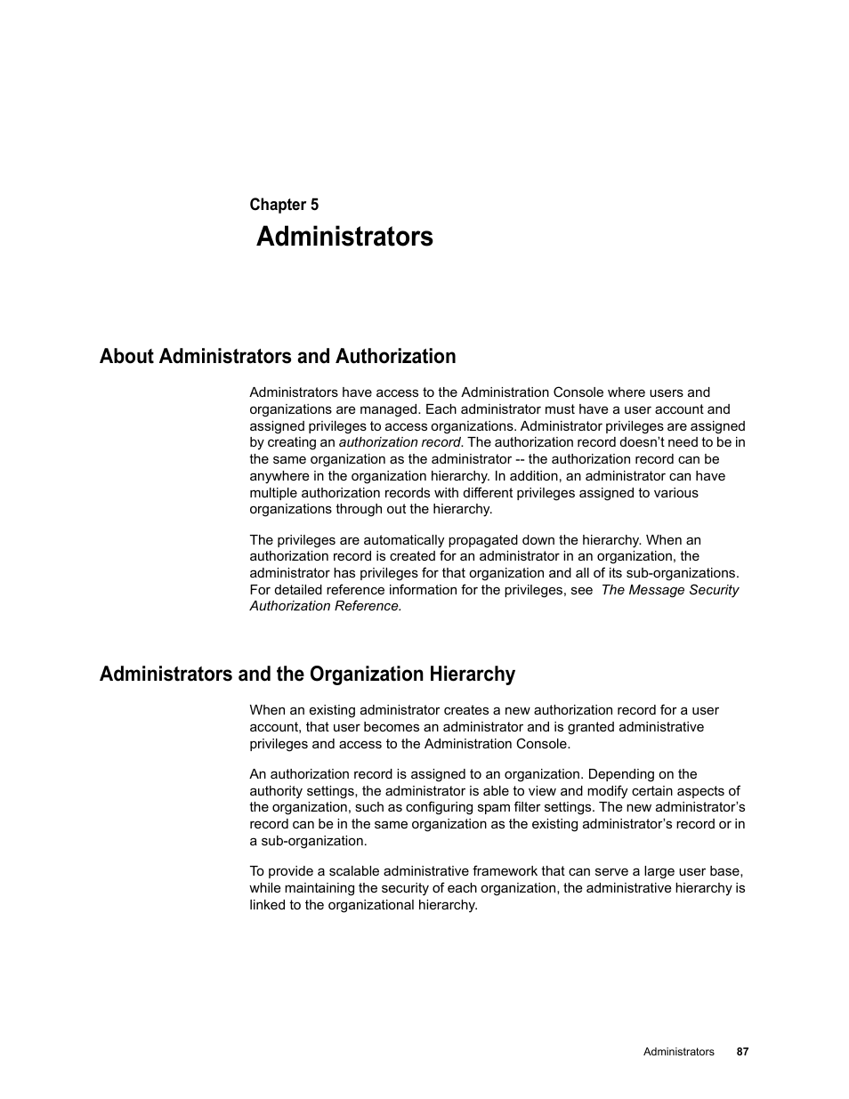 Administrators, About administrators and authorization, Administrators and the organization hierarchy | Chapter 5: administrators | Google Message Security for Google Apps Administration Guide User Manual | Page 87 / 418