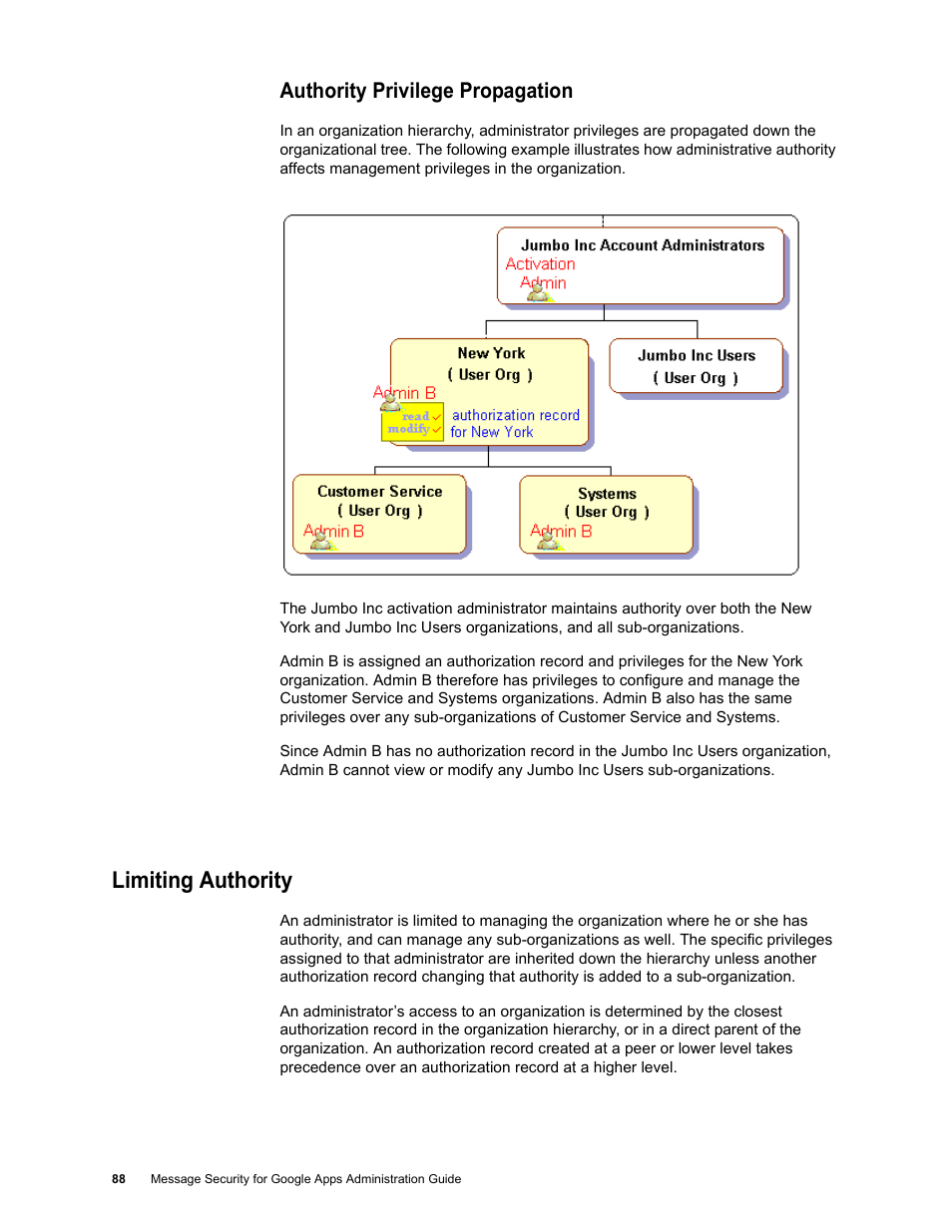 Authority privilege propagation, Limiting authority | Google Message Security for Google Apps Administration Guide User Manual | Page 88 / 418
