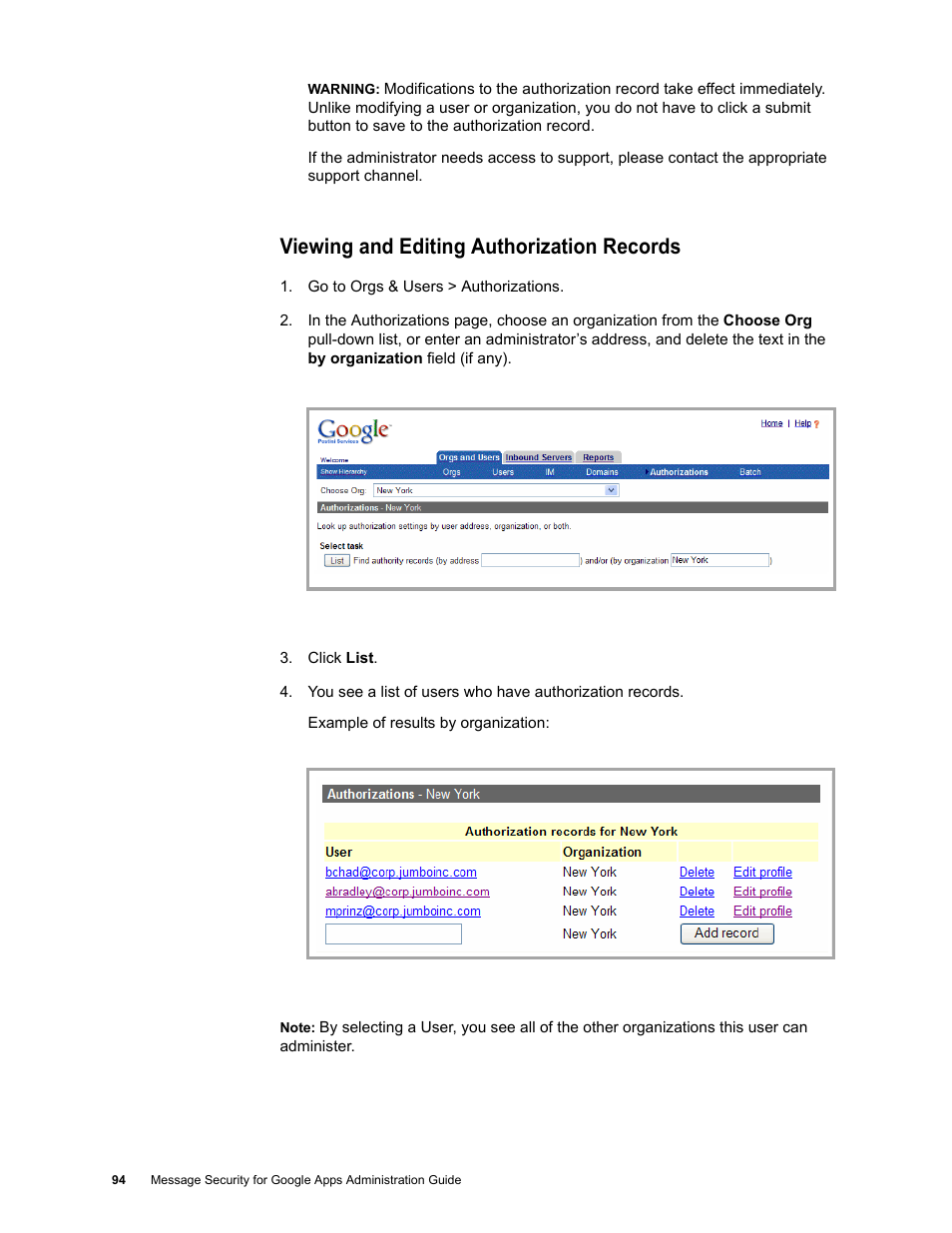 Viewing and editing authorization records | Google Message Security for Google Apps Administration Guide User Manual | Page 94 / 418