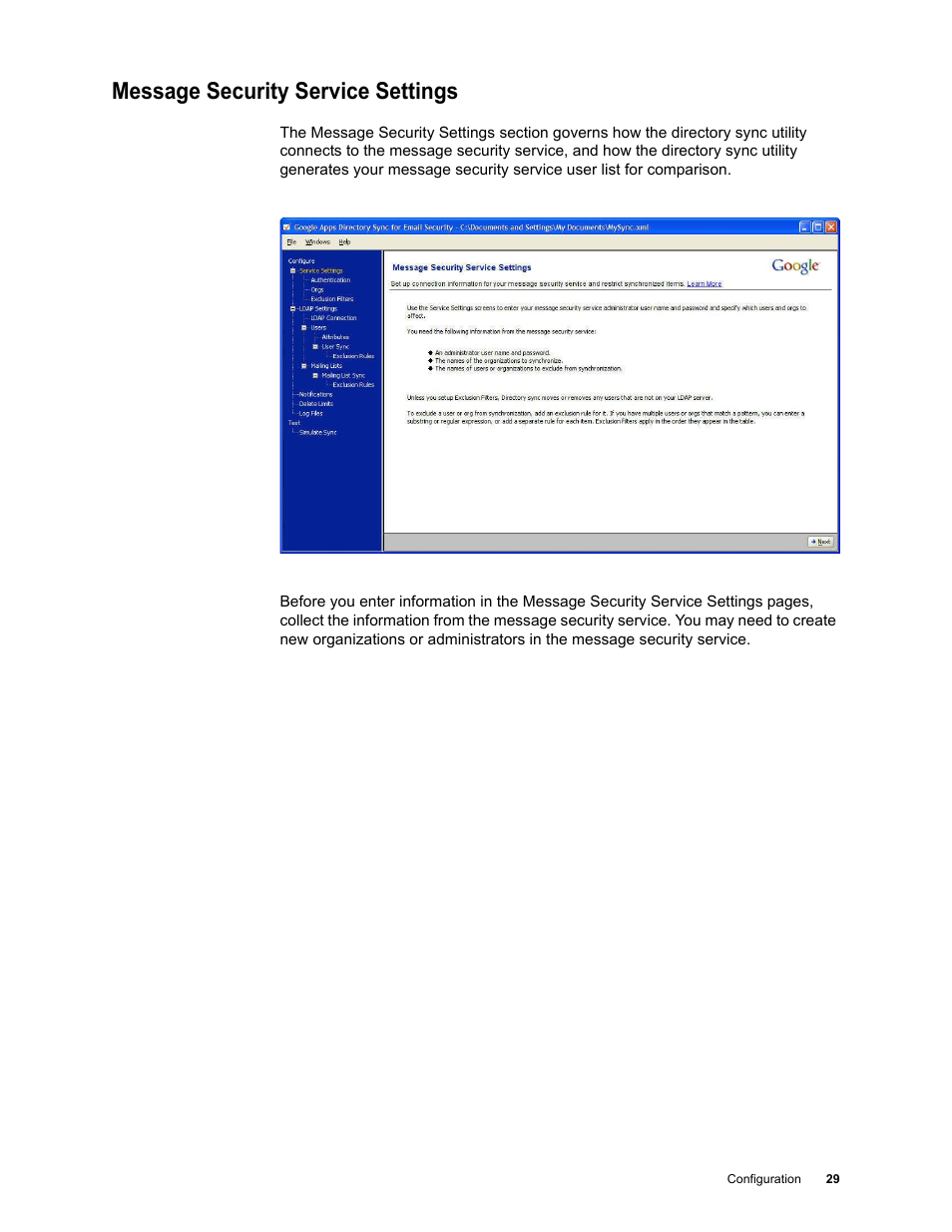 Message security service settings | Google Apps Directory Sync for Postini Services Administration Guide User Manual | Page 26 / 73