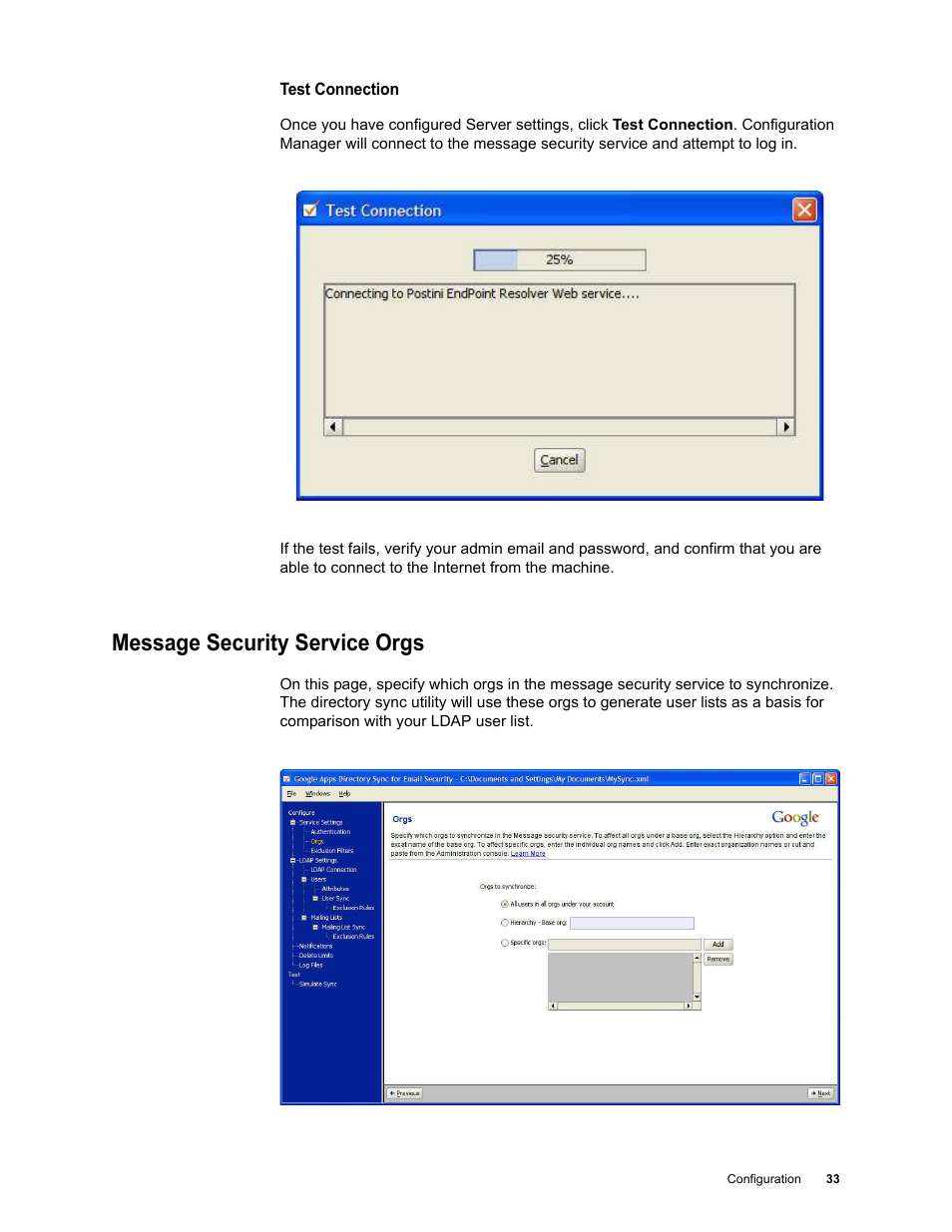 Message security service orgs | Google Apps Directory Sync for Postini Services Administration Guide User Manual | Page 30 / 73