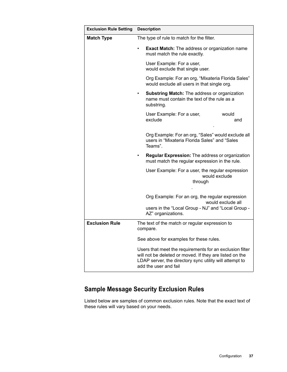 Sample message security exclusion rules | Google Apps Directory Sync for Postini Services Administration Guide User Manual | Page 34 / 73