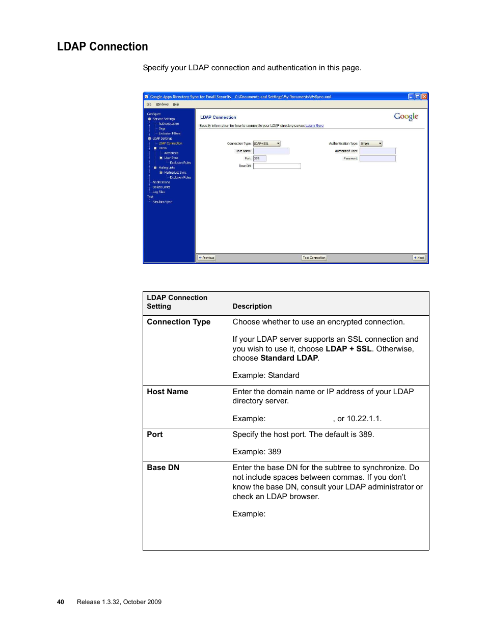 Ldap connection | Google Apps Directory Sync for Postini Services Administration Guide User Manual | Page 37 / 73