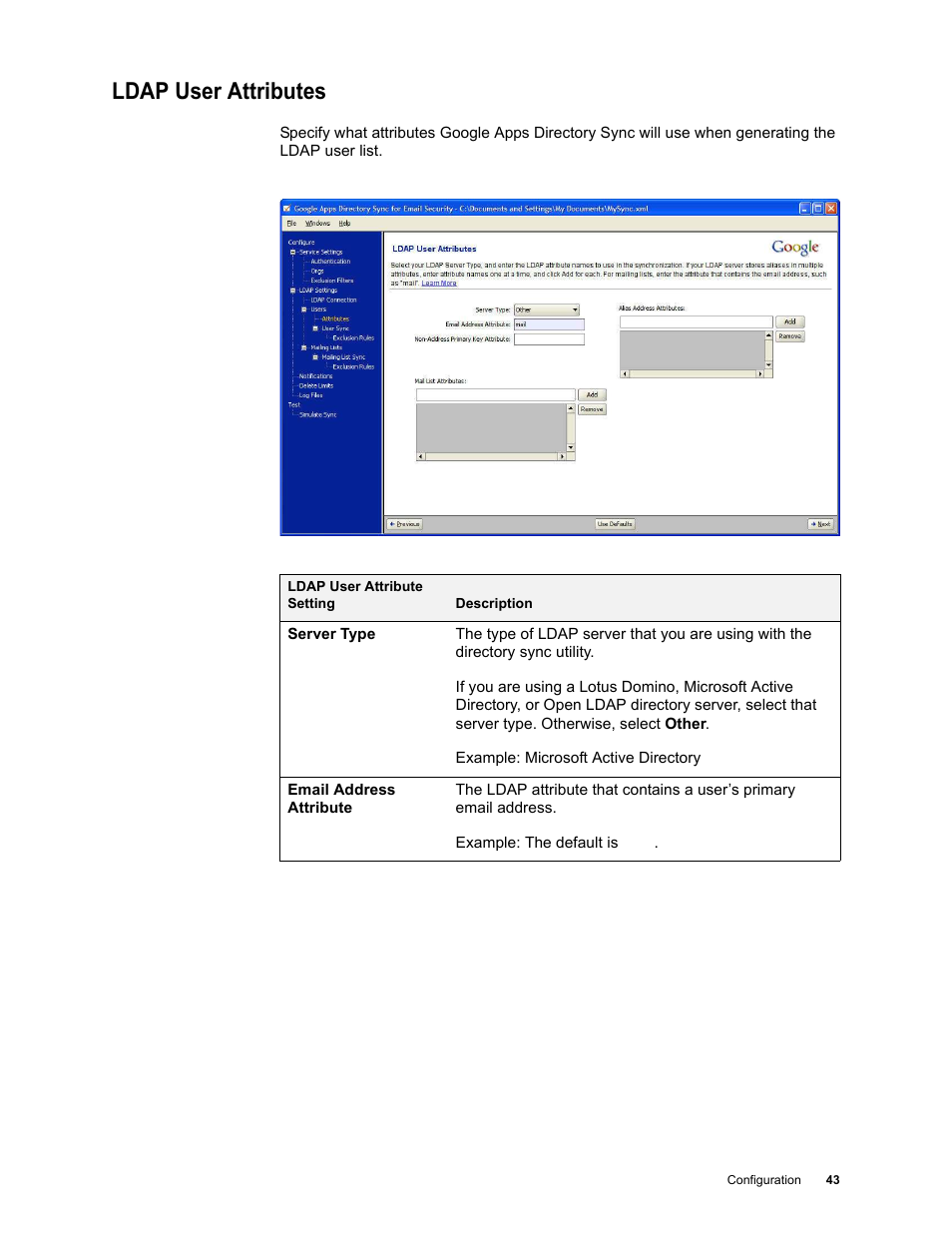 Ldap user attributes | Google Apps Directory Sync for Postini Services Administration Guide User Manual | Page 40 / 73